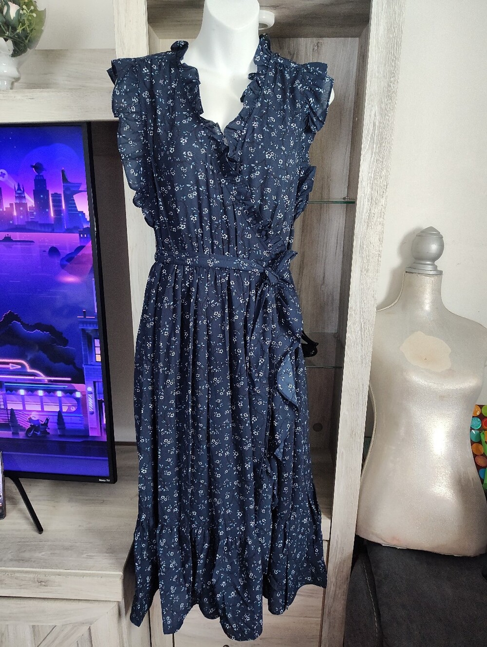 kate spade Navy Floral Wrap Midi Dress with Ruffle Trim SZ 6 New No Tags - Picture 2 of 7